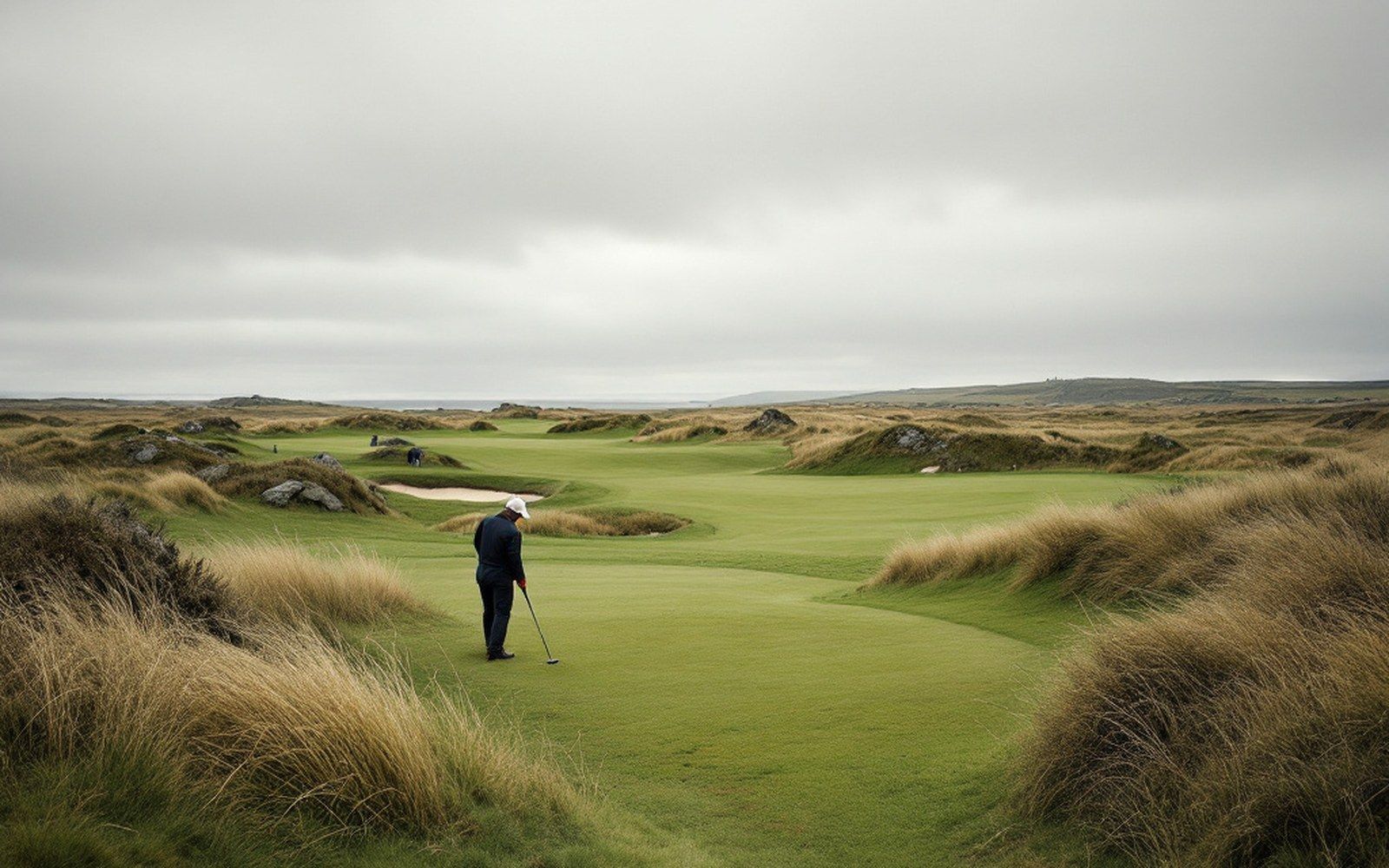 Golfer putting on a links green surrounded by dune grass and coastal fairways